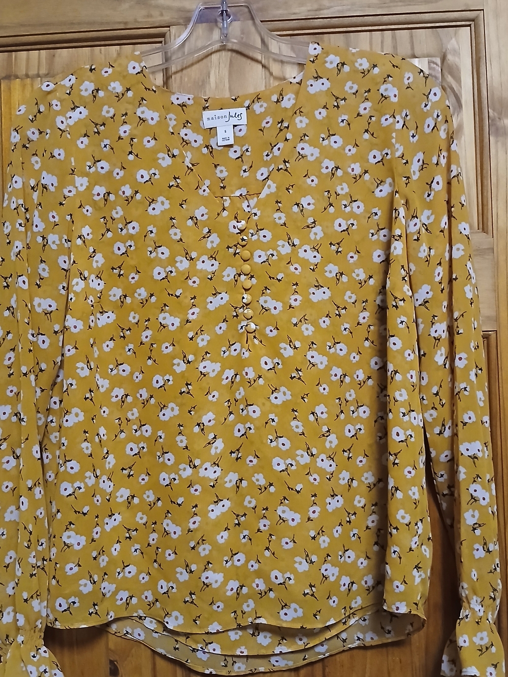 Maison Jules Mustard Floral Button-Front Long-Sleeve Blouse